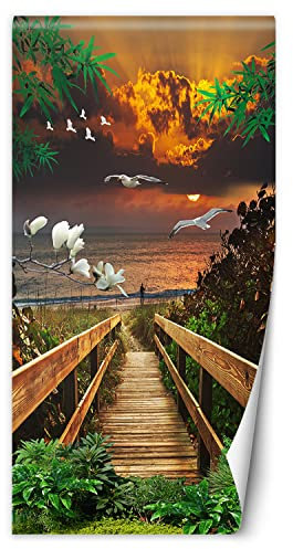 Feeby Türtapete selbstklebend Fußgängerbrücke Sonnenuntergang Strand 90x200 cm Türposter Türsticker Fototapete Wohnzimmer Schlafzimmer Kinderzimmer Büro Palmen Vögel Blumen Orange