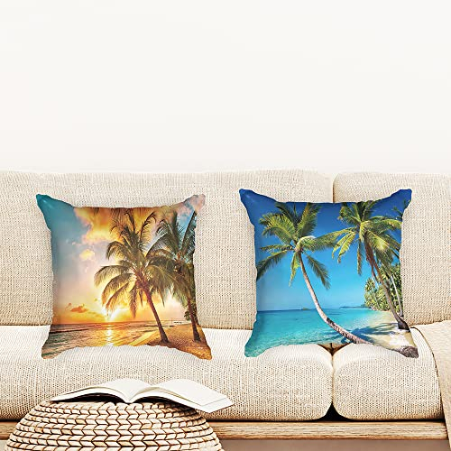Ulticool - Kissenhülle - Strand Natur Meer Palme Sonnenuntergang - Set von 2 Motiven – 45 cm x 45 cm - Dekokissen ohne Füllung - Kissenbezug Zubehör für Sofa/Bett - Orange Grün Blau