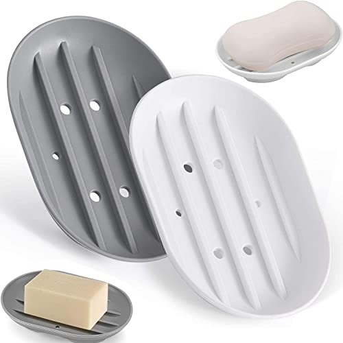 2 Pcs Soap Dish Holder Self Draining Bathroom Soap Dishes Silicone Rubber Tray Soap Saver for Shower Kitchen Bath Tub Sponges Easy Dry Easy Clean (Grey & White)