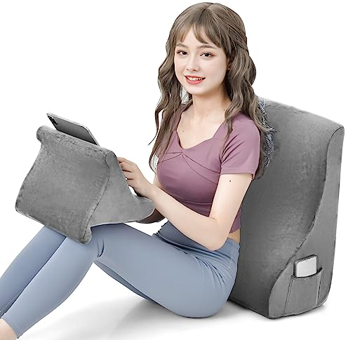 GOPLUS Keilkissen aus Memory-Schaum, Stützkissen mit verstellbarem Tablethalter & Seitentasche, Rückenkissen mit waschbarem Bezug, Lesekissen für Bett und Sofa (Grau)