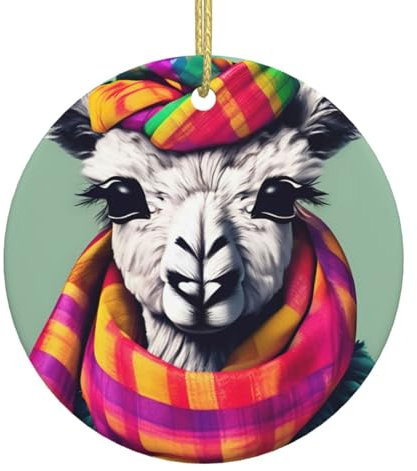 Lama In A Scarf Premium Keramik Christbaumschmuck Runde Ornamente für drinnen und draußen