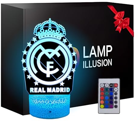 Nocles Lampara MADRID Y Llavero Niño Regalos Lampara Madrid Lampara Futbol Escudo Madrid Regalos Para Niños y Adultos Luz Nocturna Infantil Mando A Distancia 16 Colores Ilusión Óptica 3d Táctil