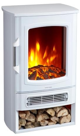 Neo 1000W / 2000W Freestanding Electric Fire Stove Heater Burner Realistic Flame and Log Store (White)