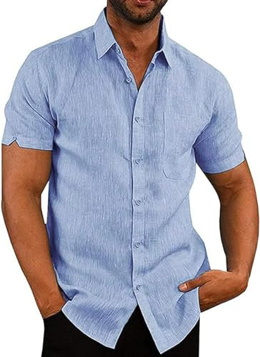 Friptspyg Mens Shirts Short Sleeve Linen Button Down Beach Causual Shirts for Men with Pocket, Sky Blue XL