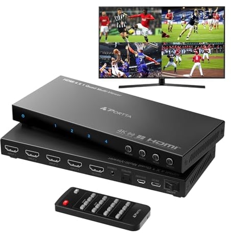 4K HDMI Multiviewer Switch 4x1 mit Pip, PORTTA Quad Multi Viewer Seamless Switcher 4 in 1 Out mit Toslink, 3,5 mm Audioausgang, unterstützt 4K 30 Hz, 6 Anzeigemodi, Downscaler, kompatibel mit PS4