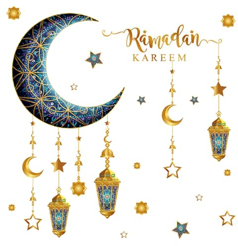 Ramadan Aufkleber Wandtattoos Wanddekoration, Eid Mubarak Wandkunst Dekoration, PVC Wandaufkleber Stern Mondlaterne Aufkleber Islamischer Spiegel Dekoration, Wandaufkleber für Zuhause Schlafzimmer (D)
