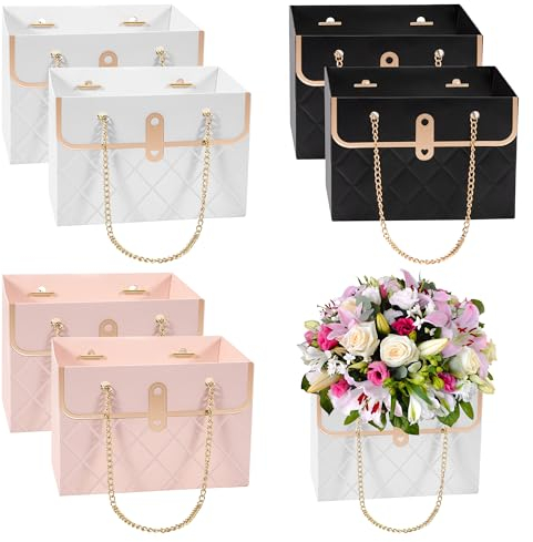Bolsas Papel Regalo Flores Mini Caja Bolsa Ramo 6 PCS, Bolso de Floristería con Asa Cadena Metal, para Cumpleaños Graduación Decoración Fiesta (3 colores)