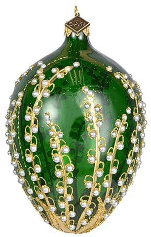 Großes, mundgeblasenes Osterei-Ornament aus Glas, Maiglöckchen, Grün
