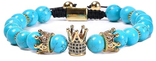 Wycian Männer Armband Blau, Freundschaftsarmband Geflochten Perlen Magnesit Kristall Metalllegierung Glatte Perlen mit Goldkrone 18cmx8mm 1er Naturstein