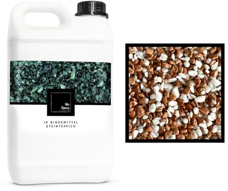 Mr. Epoxy Steinteppich für Außen & Innen Komplettset (25kg Kies + 1,3kg Bindemittel) - UV-Stabil & Geruchsneutral - Buntsteinputz mit Versiegelung als Bodenbelag (Bianco e Marrone)