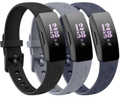 Vancle 3 Packs Floral Engraved Bands for Fitbit inspire 2 Bands, Soft Silicone Wristband Replacement Strap for Fitbit Inspire HR/Inspire/Ace 2 Fitness Tracker Women Me
