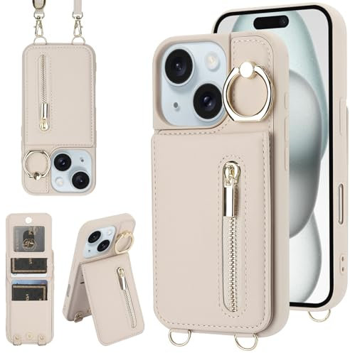 Jcxtrombulous Crossbody Wallet Case for iPhone 15 with Lanyard Strap Card Slot Holder [RFID Blocking] 360° Kickstand,Magnetic Flip Folio Zipper Purse Case, PU Leather Cover Handbag,Beige