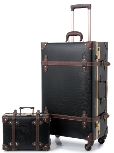 Urecity Koffer Vintage mit 4 Rollen Trolley Koffer Reisekoffer Leicht Retro Hartschalen Koffer 2-Teilig mit 12 Zoll Kleines Köfferchen (Krokodil-Prägung Schwarz, S(12)+M(20))