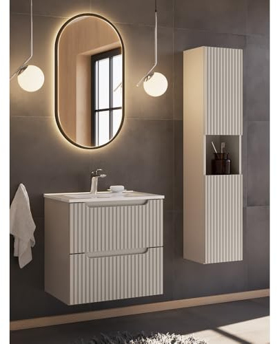 Lomadox Badezimmer Badmöbel Set 3-teilig mit 60cm Waschtisch, Kaschmir, gerillte Front | inkl. Hochschrank, LED-Spiegel