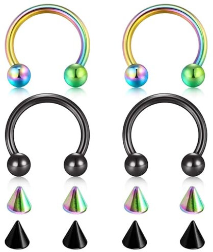 Tolldek Edelstahl Nasenpiercing Ring 4 Stücke, 1.2mm U Hufeisen Barbell Kegel Ersatz Nase Hoop Ring Bunt Schwarz, Tragus Piercing Ring, Tragus Knorpel Piercings Schmuck für Frauen