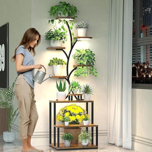 Bvewg Tall Metal Plant Stand Indoor with Grow Lights, 9 Tiered Large Plant Shelf Display Rack Holder for Indoor Plants, Multi-Purpose Plant Stands for Home