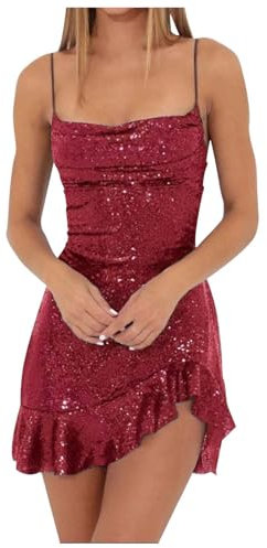 Duohropke Damen Paillettenkleider Spaghettiträgerkleid Kurz Kleider Sexy Cocktailkleider Elegant Kurz Sommer Kleider A Linien Kleid Minikleid Club Party