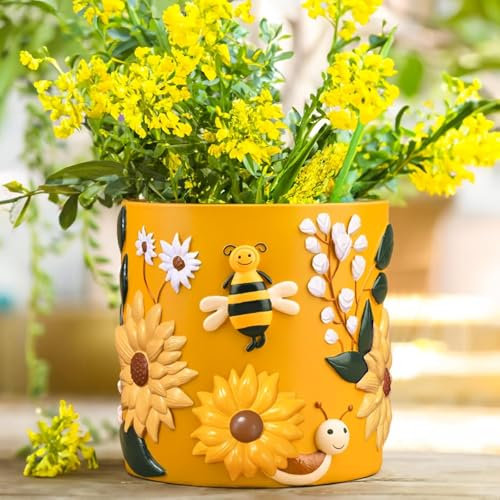 AmiCera Cute Sunflower Bee Übertopf für Indoor Pflanzen, Funky Sukkulenten Pflanztopf mit Drainage, einzigartige Schmetterling Blumentopf Home Decor, Ästhetische Gartenarbeit Geschenk, Gelb