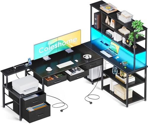 Coleshome Eckschreibtisch mit 5 Schubladen & 4 Regalen, 200×110cm Schreibtisch L-Form mit LED, Steckdosen & USB, großer Schreibtisch für Homeoffice, Schwarz