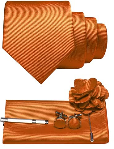 JEMYGINS Herren Krawatte aus Twill mit einfarbigem Design inklusive Pocket Square Manschettenknöpfen Krawattenklemme und Blütenbrosche Geschenkset für Partys Business Hochzeiten Orange 2