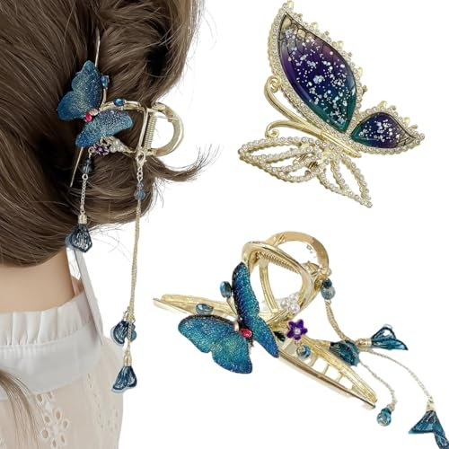 2Pcs Schmetterling Haarklammern, BetterJonny Metall Klaue Clips Haarklammern Haarklauenclip Rutschfeste Haarspangen Haargreifer Strass Große Haarklammern für Frauen Mädchen Damen Dünnes/Dickes Haar