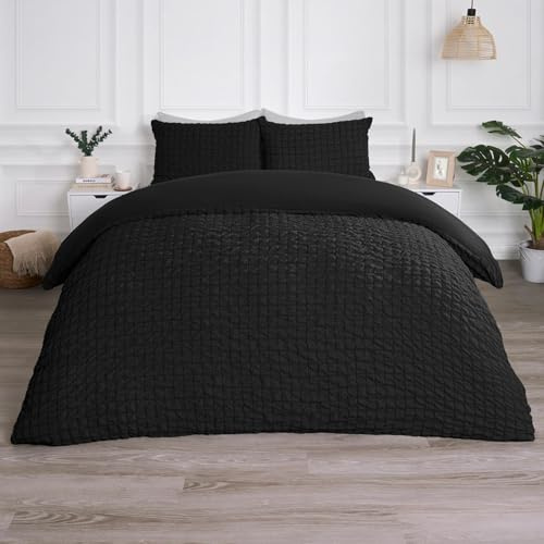 OHS Black Bedding Single Duvet Cover Set, Super Soft Warm Geometric Seersucker Duvet Cover Sets Luxury Embossed Waffle Bedding Single Quilt Cover with Matching Pillowcase