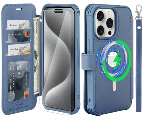 VANAVAGY Wallet Case for iPhone 15 Pro for Magsafe,Blue | PU Leather Flip,Slim,12ft Drop Protection,RFID Blocking Card Holder,Magsafe Wireless Charging,Includes Screen Protector