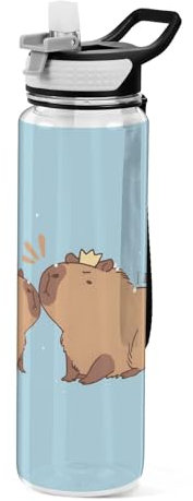 OWFKAY Botella de agua de 907.2 g con pajita, Tritan sin BPA, bonito diseño de Capibara, botella de agua deportiva con asa de transporte, a prueba de fugas, perfecta para viajes, escuela, gimnasio