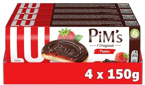 LU PIM'S - 4 Boîtes de Biscuits Pim's à la Fraise - Génoise Gourmande, Cœur Fraise, Coque Chocolat - Format Familial Pratique pour le Goûter - Lot de Biscuits Fruits Chocolat - Lot de 4x150g
