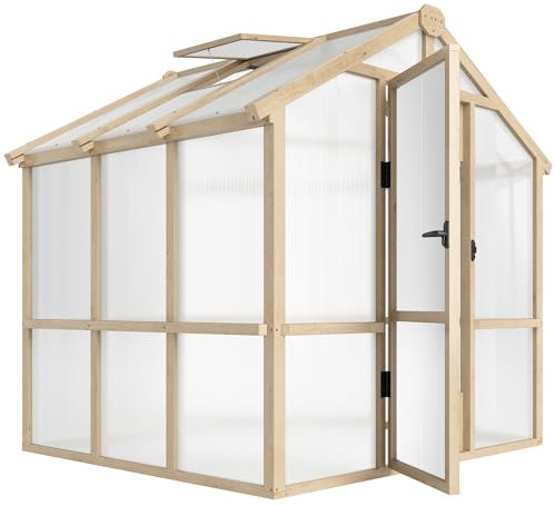 Outsunny 6.6 x 6ft Polycarbonate Greenhouse, Walk-in Wooden Greenhouse with Lockable Door and Window, Garden Plants Grow House, Brown