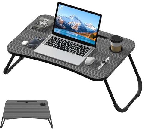 YRHome Klappbarer Laptoptisch für Bett & Sofa 60 x 40 x 28 cm Notebook Tisch Betttisch mit Getränkehalter, Tisch Slot und Cup Slot Leichter Notebooktisch aus MDF für Couch, Boden (Schwarz)