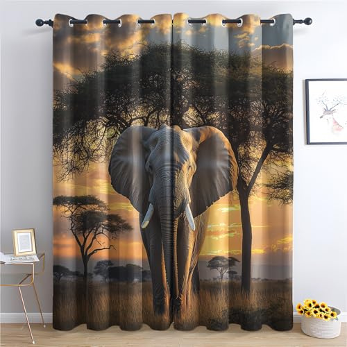 Luxfieo Afrikanischer Elefant Vorhänge Wilde Tiere Vorhang Blickdicht Gardinen Verdunklungsvorhänge mit Ösen Thermovorhang für Wohnzimmer Schlafzimmer Fenster Deko 2er Set H 175 x B 140 cm I#15