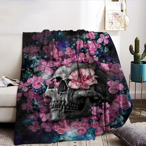 KAIDAARTLH Halloween Totenkopf Kuscheldecke 130x150cm, Gothic Skull Motiv Print Weich Bequem Kunstfell Decke, Kuscheldecken für Halloween Couch Bett (A, 130x150cm)