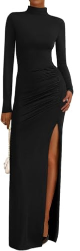Gkaopi Kleid Damen Langarm Sexy Rüschen Bodycon Maxikleid mit Schlitz Stretch Eng Partykleid Cocktailkleid Elegant Rollkragen Lange Figurbetontes Langarmkleid Einfarbig Abendkleid Freizeitkleid
