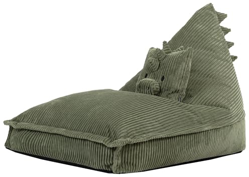 Icon Dexter Dinosaurier Sitzsack Kinder, Grün, Flauschiger Cord Stoff, Sitzsack Cord mit Füllung, Bequemer Kinder Sessel, Kuschelsessel, Lese Sessel, Schlafzimmer, Kinderzimmer, Spielzimmer