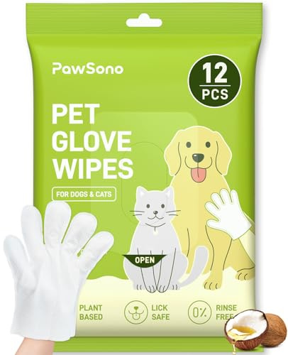 PawSono 12PCS Hypoallergenic Pet Glove Wipes for Dogs, Cats & Small Animals | No-Rinse Deodorizing Dog Wipes for Paws, Butt, Eyes & Ears | Pet Wipes for Stain & Odor Cleanup Between Baths & Travel