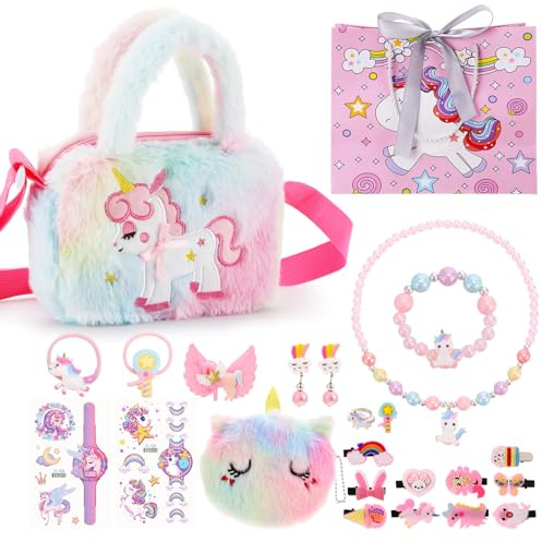 Livdouyu 23 Stück Einhorn Geschenk für Mädchen 3 4 5 6 7 8 Jahre, Einhorn Handtasche Schmuckset, Geschenkset mit Taschen, Kinderschmuck, Haarnadeln, Temporäre Tattoos, Geschenktüten