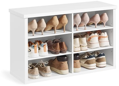 VASAGLE Schuhbank, Sitzbank mit Stauraum, 6 Fächer, 29,5 x 80 x 50 cm | Schuhregal, verstellbare Ablagen, für Wohnzimmer, Flur, Wolkenweiß, KEAN Kollektion LSB032W101