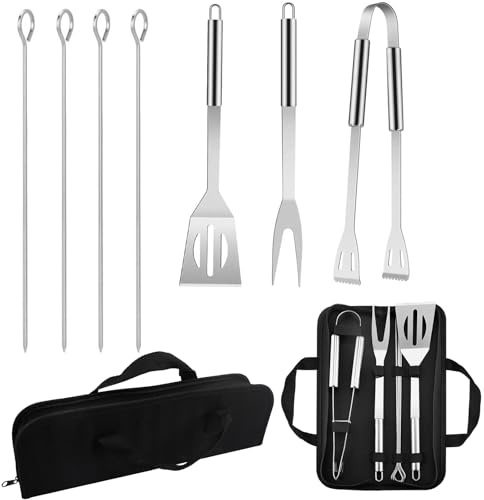 7 Pièces Kit Barbecue Accessoires Barbecue avec Ustensiles Barbecue en INOX (Pinces, Spatule, Fourche, 4 Broches, Sac de Rangement) – Parfait Cadeau Homme pour Extérieur, Jardin & Camping