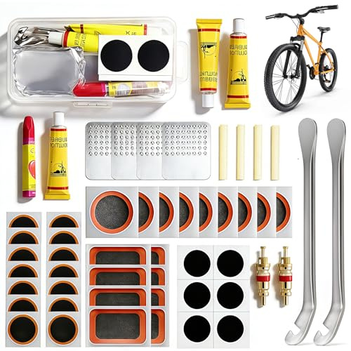 44-128 Stück Fahrrad Flickzeug Set,Fahrrad Reifenflickzeug Set mit Metall Reifenheber,Reparaturset Fahrradschlauch Patch Flickzeug Fahrrad Selbstklebend,Flickzeug für Motorräder, Geländefahrzeuge