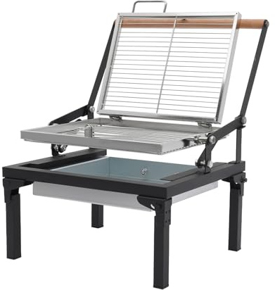 Faltbarer Holzkohlegrill 48 × 38 cm – klappbarer Camping-Grill mit 360° Drehrost & Kohle-Schublade, Edelstahl-Carbon-Stahl, tragbar für Garten, Park, Strand Picknickgrill