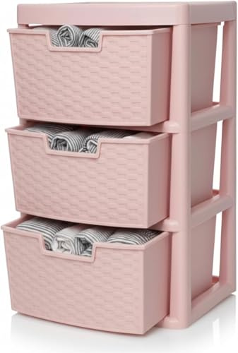 ALEEZ - Large Plastic Drawer Storage Unit - Rattan Effect 3 Drawer Cabinet - Multipurpose Storage Organiser - Office, Tabletop Desktop Drawer - Bedroom Chest Drawer Unit - (Pink, 3 Drawer)