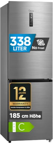 Midea 338L Kühlschrank mit gefrierfach,185cm, Dual Inverter System,No Frost | EEK C, 35dB, 171kWh/Jahr, 216L Kühlteil+122L Gefrierteil, Digital Control,Multi-Airflow, Super Cooling, MERB345MGC46EU