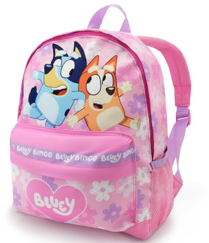 Bluey Girls Backpack – Lilac Toddler Backpack Bingo, Heart Print, Kangaroo Pocket & Padded Straps – Kids School Bag Ages 2-7 Years – Official Merchandise (Pink)