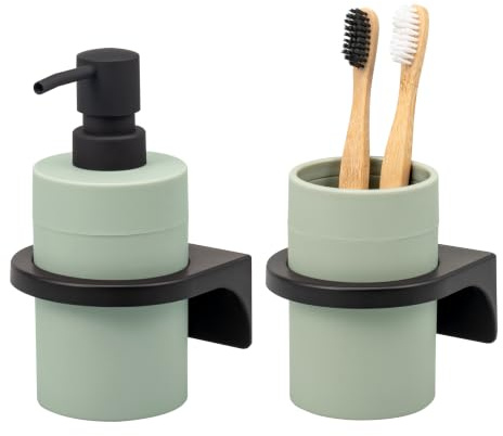 bremermann Badezimmer-Set Savona mit Soft-Touch Oberfläche inkl. Wandhalterung zum Kleben oder Bohren, rundes Bad-Accessoires Set 2tlg. aus 1x Seifenspender und 1x Becher aus Kunststoff (Salbei)
