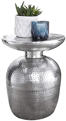 Wohnling Beistelltisch Aluminium 36,5x46x36,5 cm Dekotisch Silber orientalisch rund, Designer Ablagetisch Metall modern, Anstelltisch schmal, Kleiner Hammerschlag Abstelltisch