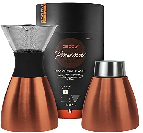 asobu Insulated Pour Over Coffee Maker with Glass Carafe – Copper and Black – Stainless Steel – 900 ml