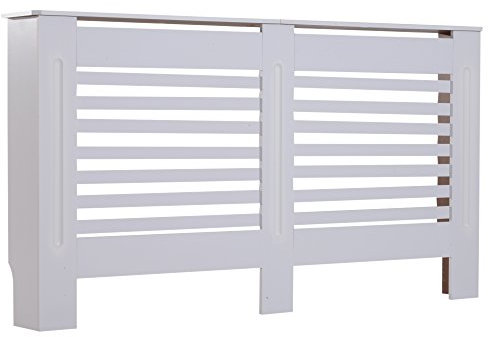 HOMCOM MDF White Painted Radiator Cover Wooden Cabinet Shelving Display Horizontal Slats Modern Style 152Lx 19W x 81H cm