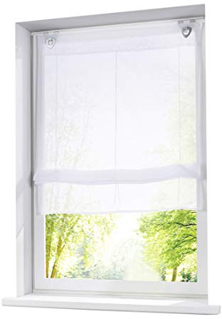 1 Stück Ösenrollo mit U-Haken Raffrollo Voile Transparent Vorhang (BxH 80x130cm, Weiß)