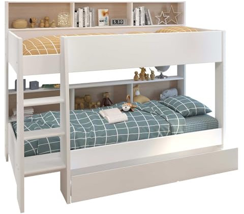 PARISOT Lits superposés enfant - Décor Chene et Blanc Ombre - Sommiers inclus - 2 x 90 x 200 cm - JIM